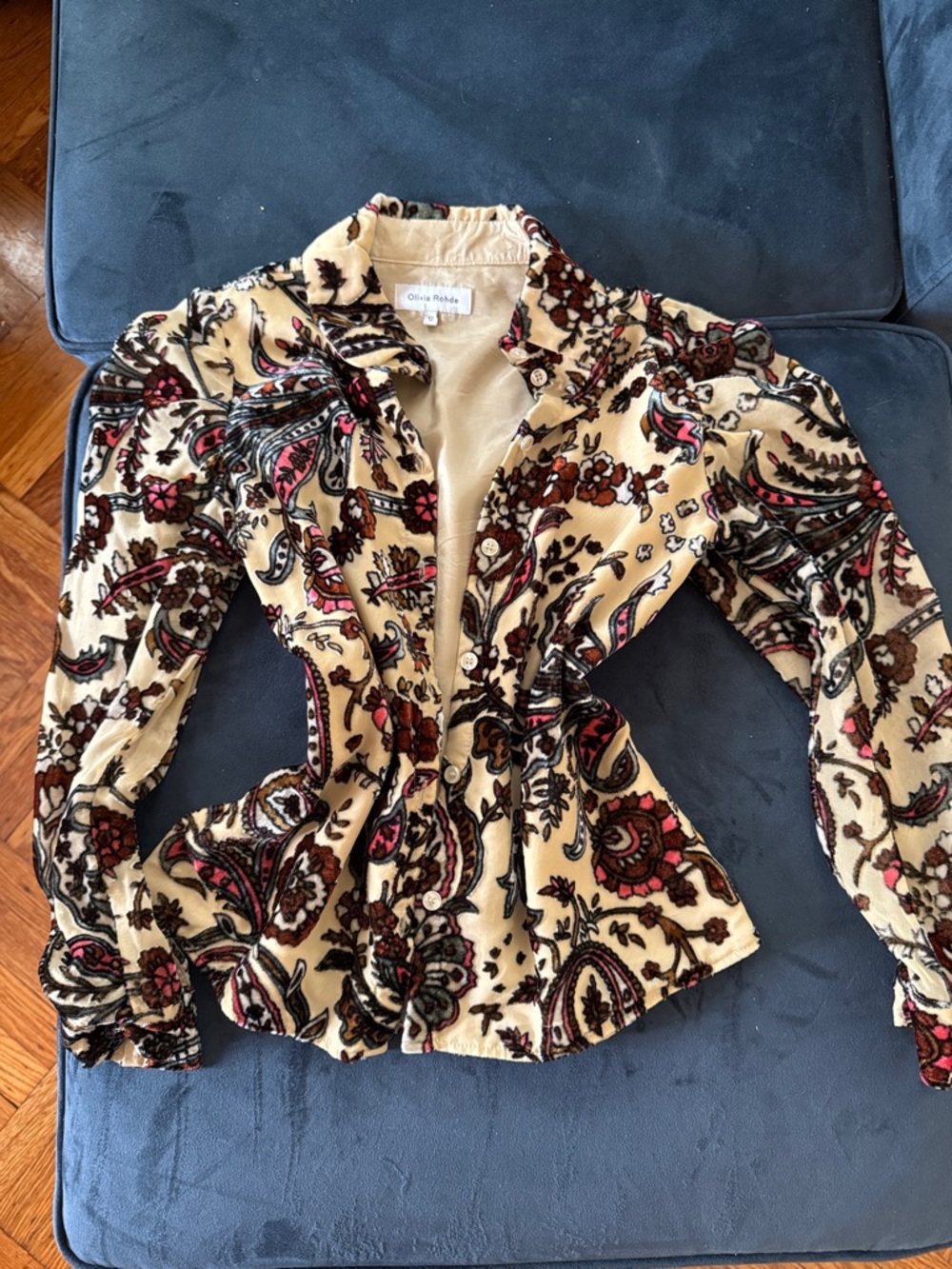 Vintage blouse,Beige Paisley Velvet Button-Down Shirt with Pink & Brown Accents